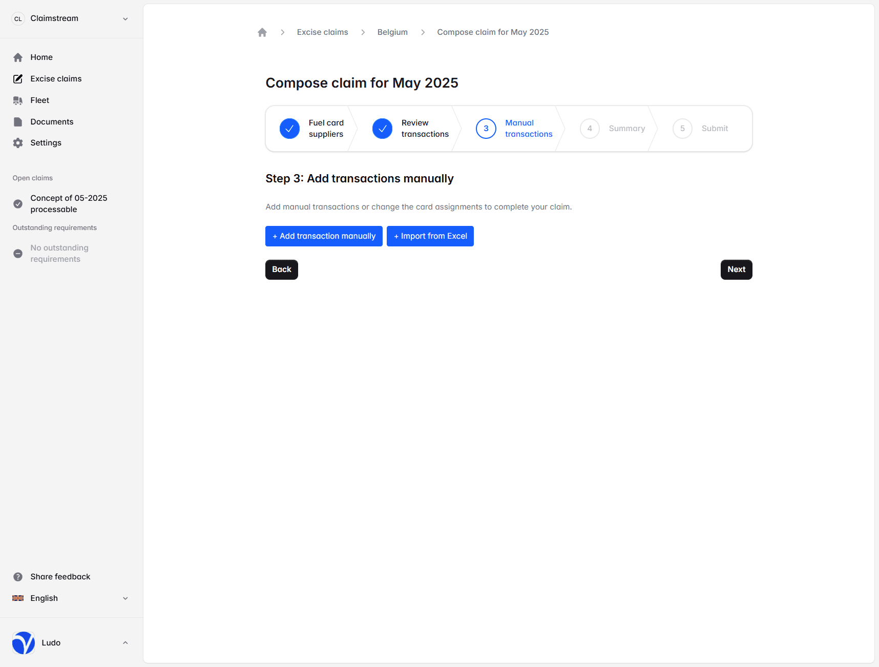 Screenshot van stap 3. handmatige dieseltransacties
